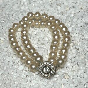 Vintage Double-Strand Faux-Pearl Bracelet with Rhinestone Clasp